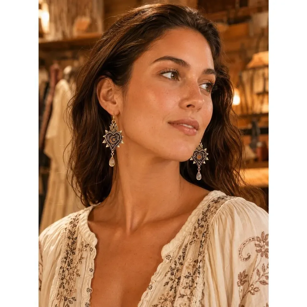 Free People Heart Star Moon Earrings Hoop Gold Celestial Boho Flower Southwest